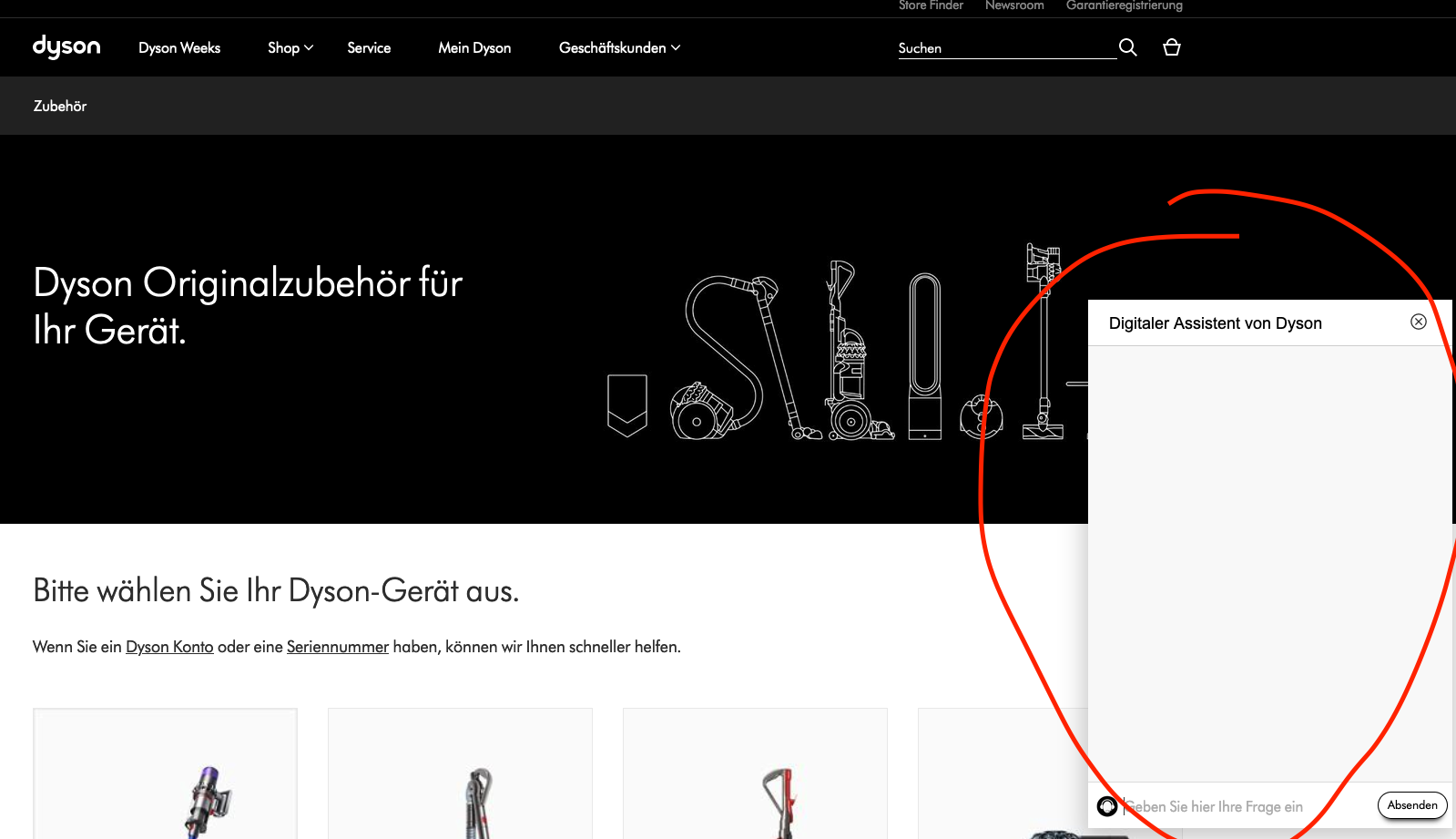 Chatfunktion des Dyson Kundensupport